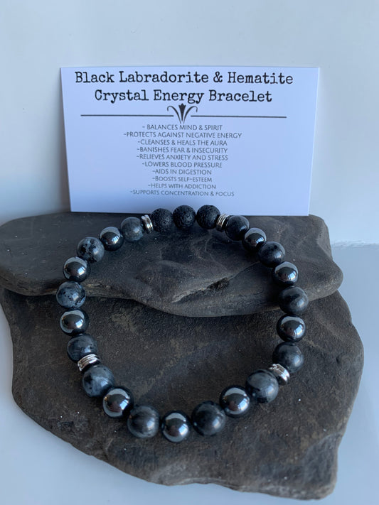 Black Labradorite and Hematite for Men Genuine Crystal Energy Bracelet